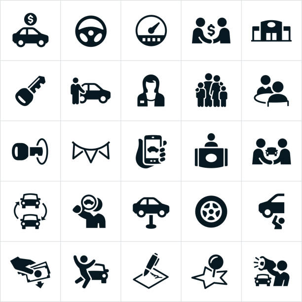 Auto Sales Icons An icon set of auto sales related themes. The icons include vehicles for sale, car salesmen, auto dealership, auto repair, purchasing a car and car shopping among others. transportation event stock illustrations