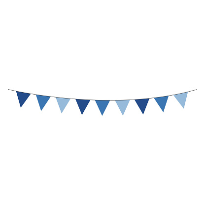 Shades of blue bunting banner hung on gray string