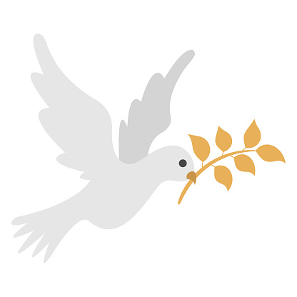 Flying white dove of peace with gold olive branch