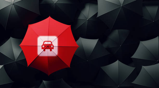 Red Umbrella Surrounded By Black Umbrellas - Car Insurance Concept Red umbrella surrounded by black umbrellas, The red umbrella has a car insurance icon on it. Horizontal composition with copy space. Directly above. Great use for car insurance concepts. car insurance photos stock pictures, royalty-free photos & images