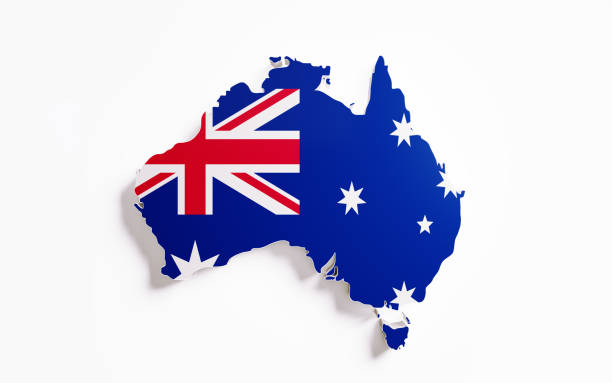 Australian international border textured with Australian flag on white background. Horizontal composition with clipping path and copy space. Directly above. Great use for Australia related concepts.