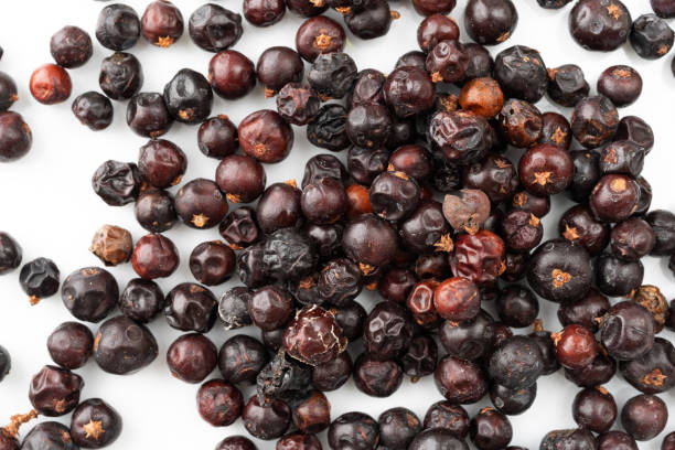 istock Group of juniper berries on a white plate 1073430392