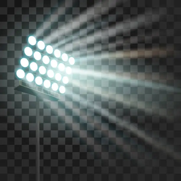 Vector illustration of Stadium glowing light. Stadium projector lights to illumnate evening or night sport games, concerts, shows. Arena spotlights
