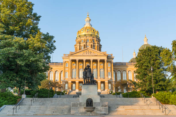 DES MOINES, IA - JULY 11, 2018: Facade of the Iowa State Capitol Building in Des Moines, Iowa