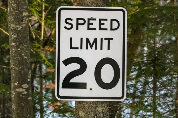 A 20 miles per hour speed limit sign with trees in the background