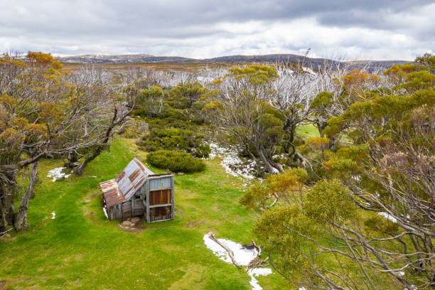 Victorian High Country hut Aerial view of Wallace Hut, Victorian High country high country stock pictures, royalty-free photos & images