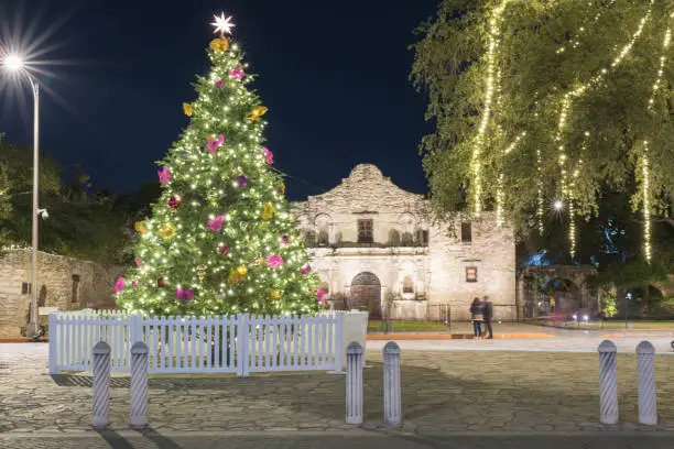 Photo of Christmas Tree in Front of the Alamo at Night Long Exposure