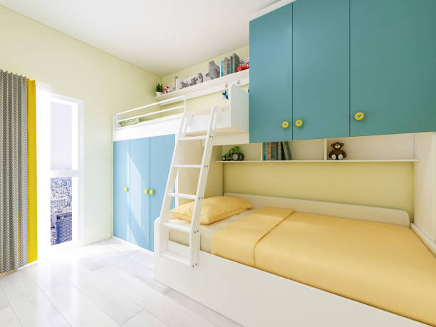 istock Child's bedroom with bunk beds in a high-rise residence 1073510546