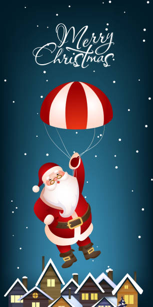 Christmas vertical banner design. Cute Santa Claus flying Christmas vertical banner design. Cute Santa Claus flying with parachute over snow covered rooftops. Illustration can be used for greeting cards, flyers, posters santa flying over stock illustrations