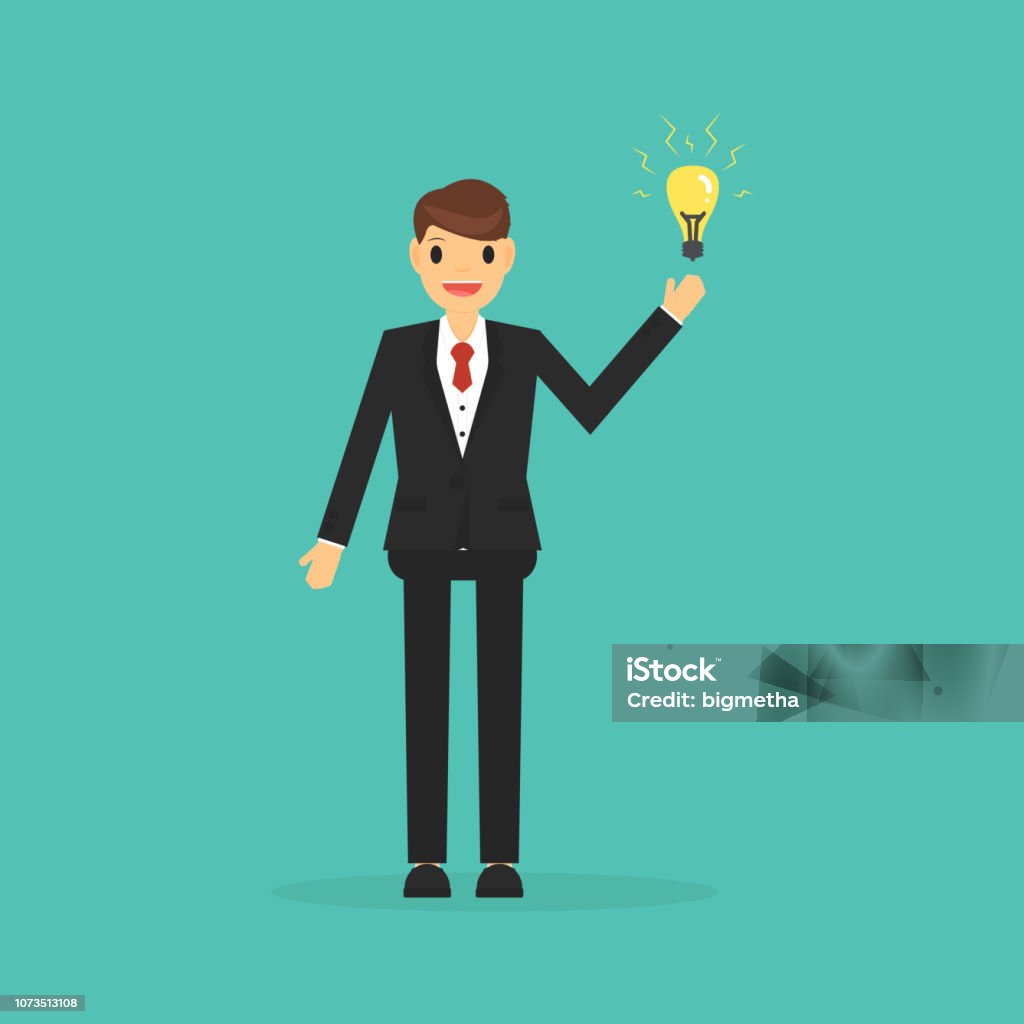 Big idea concept with businessman and light bulb.  Concept of having an idea Adult stock vector