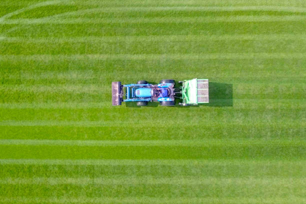 istock Large Lawn mower cutting green grass in a large flat field 1073513980
