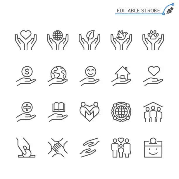 Vector illustration of Charity and donation line icons. Editable stroke. Pixel perfect.