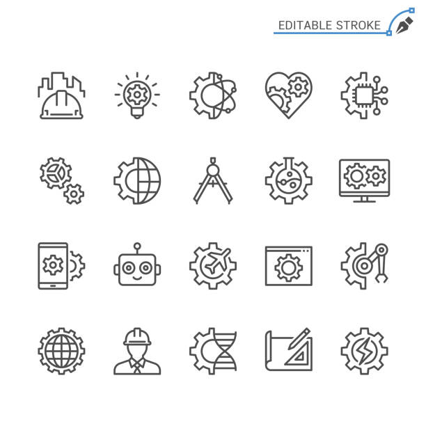 engineering-linie symbole. editierbare schlaganfall. pixel perfekt. - engineering industry gear machine part stock-grafiken, -clipart, -cartoons und -symbole