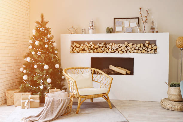 istock White room with fireplace in the bedroom. Christmas tree decorations 1073514270