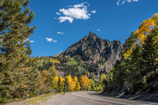 Highway 145 (San Juan Skyway) follows the Dolores River and over Lizard Head Pass to Telluride, Colorado.