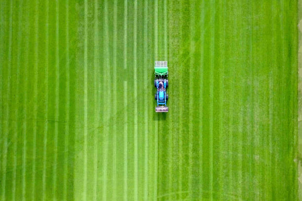 Large Lawn mower cutting green grass in a large flat field Large Lawn mower cutting green grass in a large flat field - Top down aerial image. tractor mowing stock pictures, royalty-free photos & images