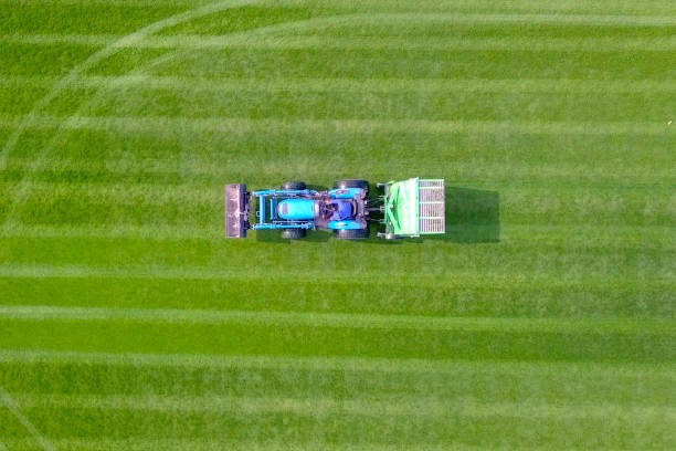 istock Large Lawn mower cutting green grass in a large flat field 1073516872