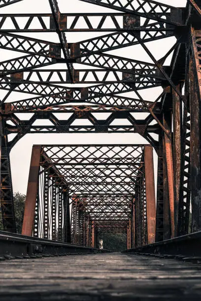 Train tracks cross a heavy railway bridge. Vertical railroad transportation background with copy space. Vintage look with low angle point of view.