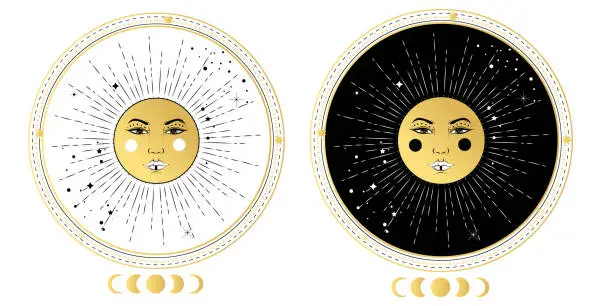 Vector illustration of Round badges with sun in boho style. Logo flash tattoo motifs.Vector illlustration of astronomy and astrology symbol