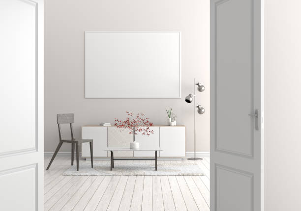 istock Mock up poster frame in Scandinavian style hipster interior. 3D illustration. 1073544896