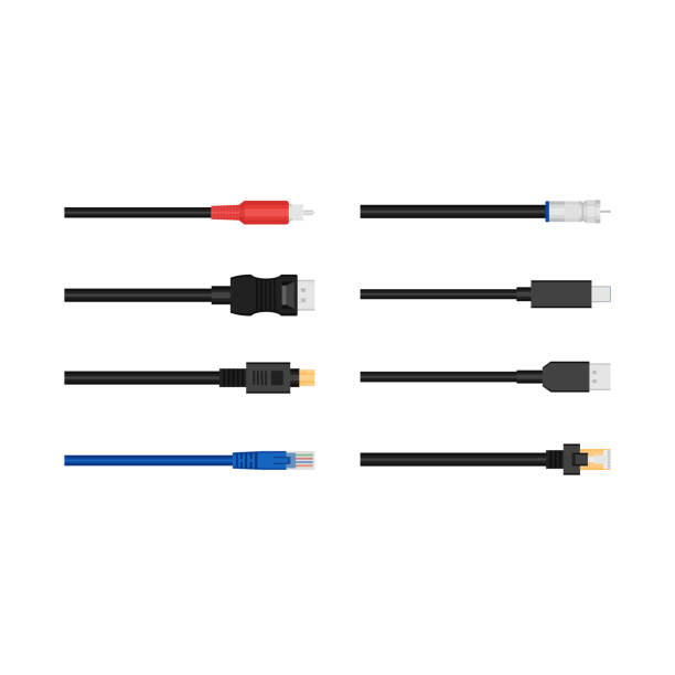 Realistic Detailed 3d Network Data Cable Connectors Set. Vector Realistic Detailed 3d Network Data Cable Connectors Set Closeup View Equipment Isolated on White Background. Vector illustration of Cables electric plug dark stock illustrations