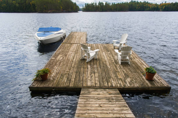 istock Adirondack chairs sitting on a wooden dock 1073567788