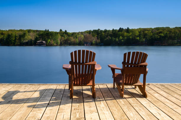 istock Two Muskoka chairs sitting on a wooden dock 1073567850