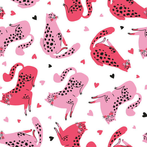wektorowy bezszwowy wzór z uroczymi gepardami z różowymi sercami. zwierzęta tropikalne. modny projekt tkaniny dla odzieży dziecięcej. - tiger zoo animal awe stock illustrations