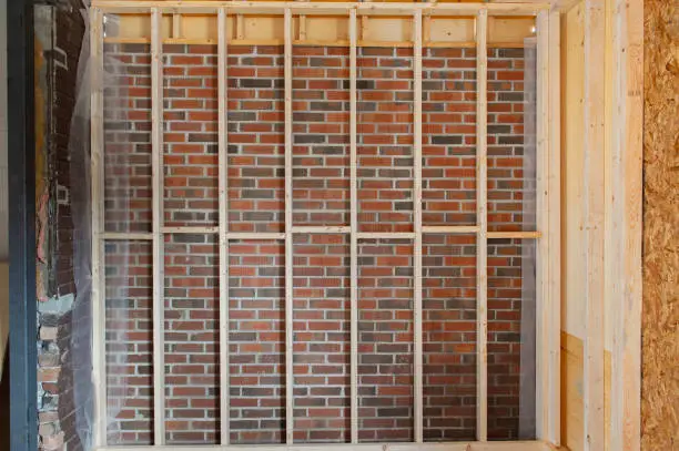 Wood framing on a residential construction site.