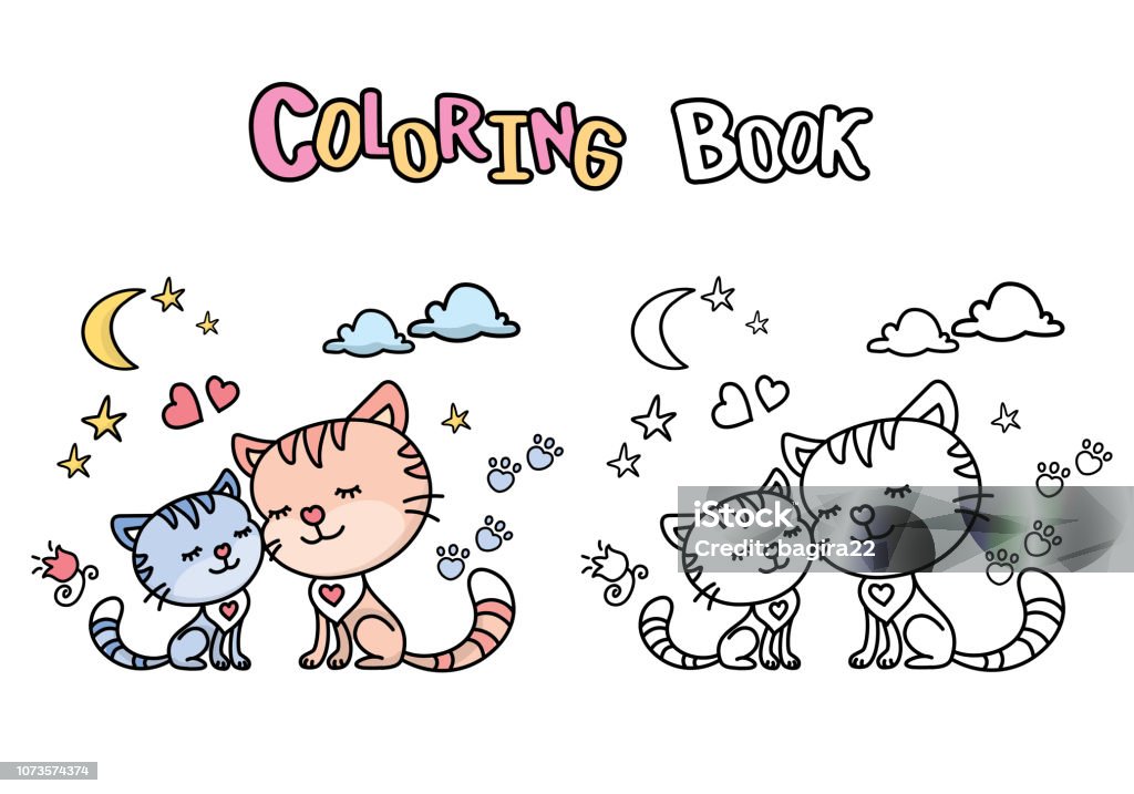 Cute cartoon cats- mother and dauther Cute cartoon cats- mother and dauther,coloring book with cat and kitten,isolated on white background,vector illustration Animal stock vector