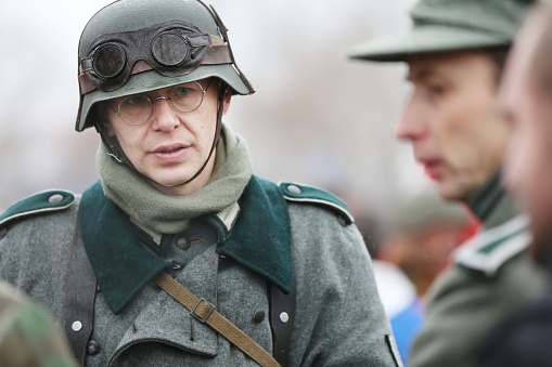 Belarus, Gomel, November 21, 2016, Reconstruction of the battle of the Second World War. German soldier of the Second World War. German soldier