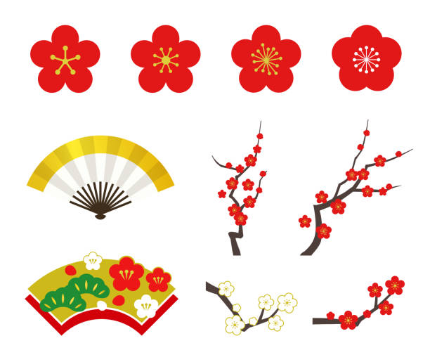 Plum tree and fan icon set Plum tree and fan icon set plum blossom stock illustrations