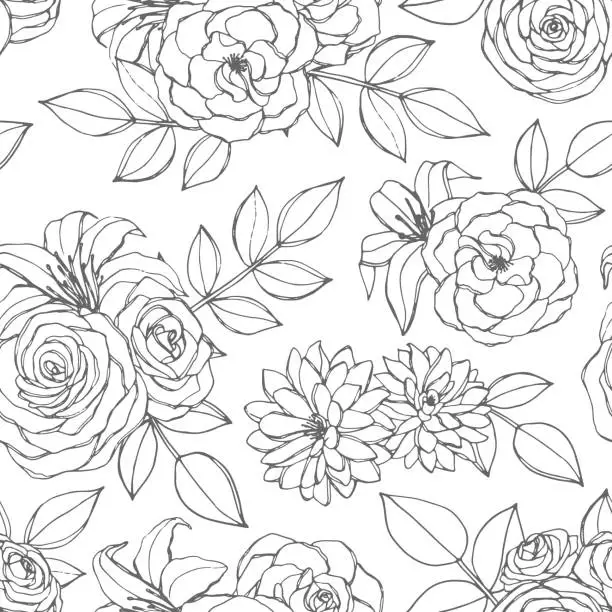Vector illustration of Vector seamless pattern with rose, lily, peony and chrysanthemum flowers line art on the white background. Hand drawn floral repeat ornament of blossoms in sketch style. Usable for coloring books.