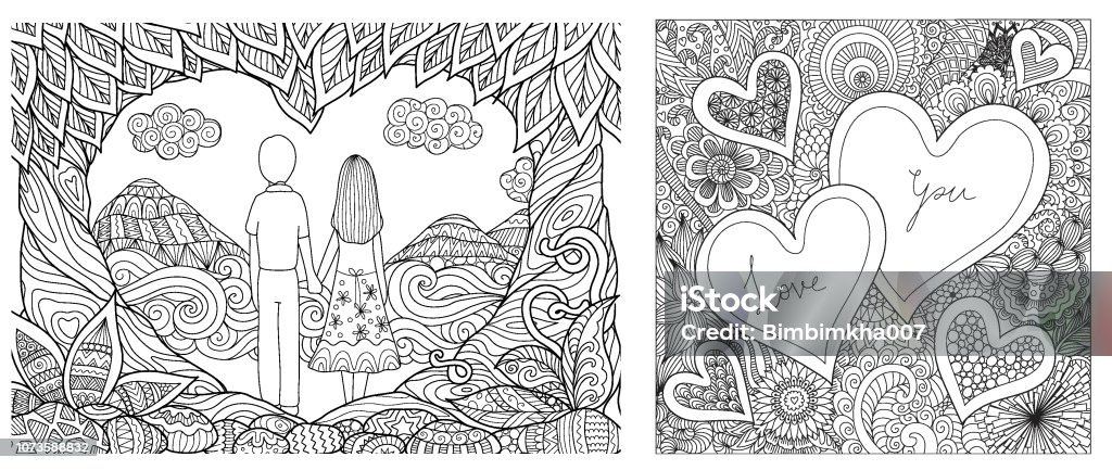 Holding hand Couple hold each other hands and flowers and hearted shape for cards and coloring book, coloring page. Vector illustration Adult stock vector