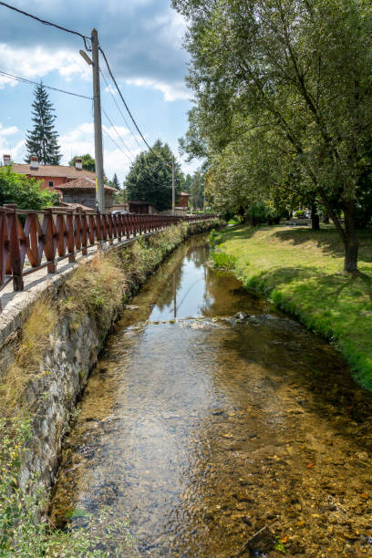 koprivshtitsa river river in the village koprivshtitsa with grass , trees and calm stream bulgarian culture bulgaria bridge river stock pictures, royalty-free photos & images
