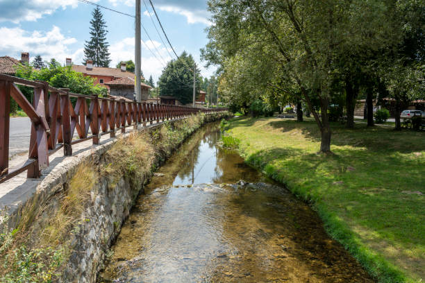 koprivshtitsa river river in the village koprivshtitsa with grass , trees and calm stream bulgarian culture bulgaria bridge river stock pictures, royalty-free photos & images