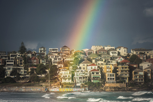Sydney, Australia - June 18, 2018.Rainbow over Bondi Beach,