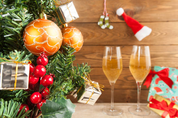 istock Christmas tree decorated and champagne 1073592030