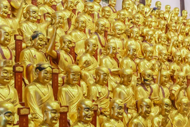 Photo of Gold statues of the Lohans in Longhua buddhist temple, Shanghai, China.