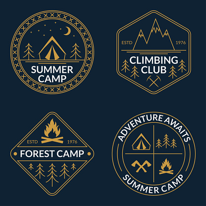 Camp logo set. Summer and forest camping badges. Mountain and Rock Climbing emblem. Vector illustration.