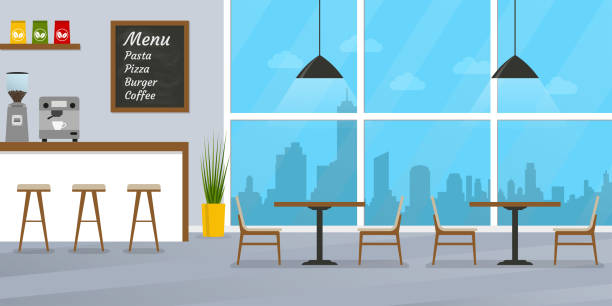 ilustraciones, imágenes clip art, dibujos animados e iconos de stock de diseño de interiores cafe o restaurante con cafetería, barra de bar y ventana. ilustración de vector. - bar stool chair cafe