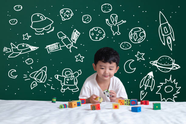 istock Asian kid learning by playing with his imagination about science and space adventure, hand drawn on the green chalkboard, education back to school and discovery concept. 1073605158