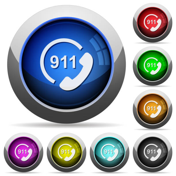 Emergency call 911 round glossy buttons Emergency call 911 icons in round glossy buttons with steel frames 999 call center stock illustrations