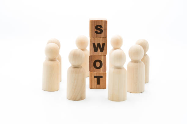 деревянные фигуры, как бизнес-команда в кругу вокруг слова swot - figurine business circle communication стоковые фото и изображения