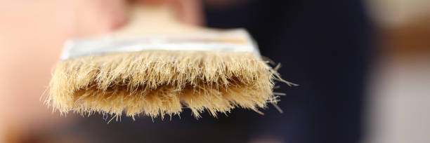 istock Arm of smiling worker hold brush portrait 1073611532