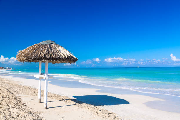istock Straw umbrella on empty seaside beach in Varadero, Cuba. Relaxation, vacation idyllic background. 1073611764