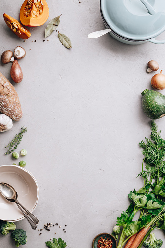 Cooking pot and various organic ingredients, top view, cooking concept, food frame