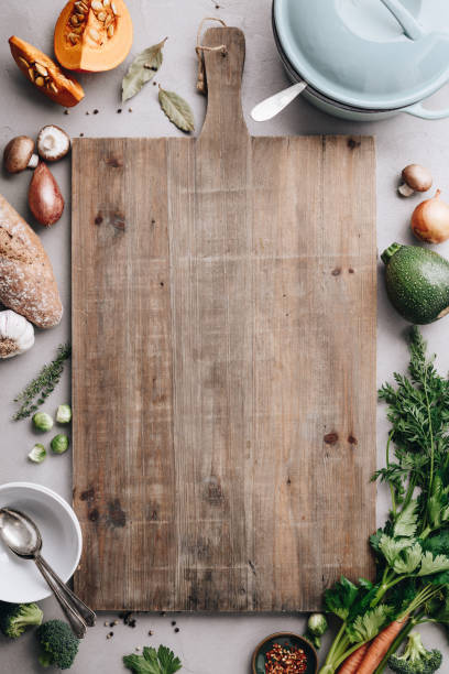 Cooking pot and various organic ingredients, top view stock photo