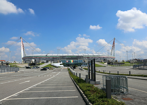 Turin, TO, Italy - August 27, 2015:  Wide view with parking lot of the Juventus Stadium