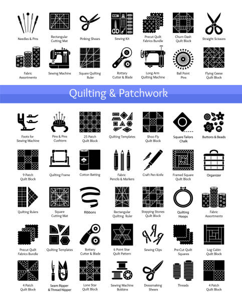 퀼트 및 패치워크 장치입니다. 패브릭 사각 & 블록에서 바느질 퀼트에 대 한 도구. quilters에 대 한 패턴입니다. 벡터 평면 아이콘 세트입니다. 고립 된 개체 - quilt textile patchwork pattern stock illustrations